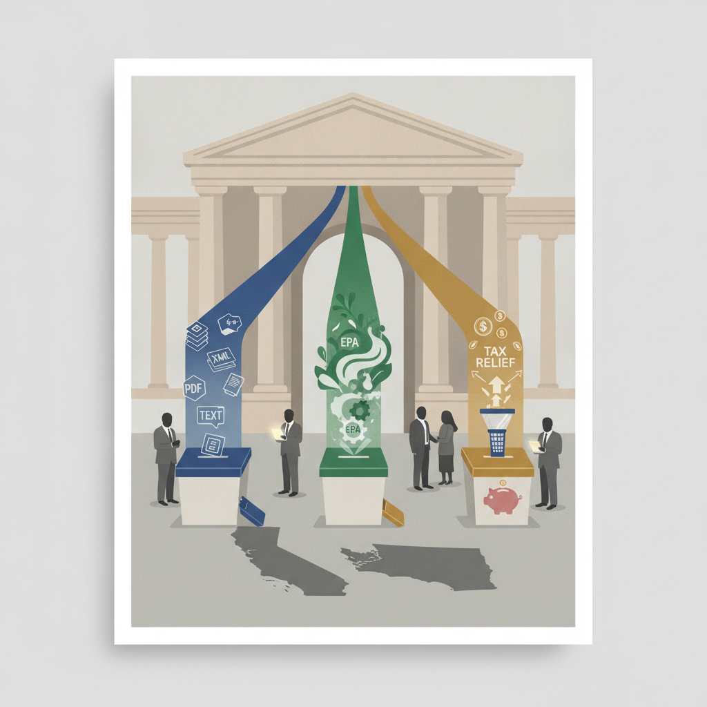 Illustration depicting House Resolution 1530 with symbols for fraud enforcement, EPA rules, and tax relief in front of a g…
