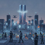 A digital illustration depicting a futuristic cityscape with police officers, drones, and — how 9 11 changed surveillance