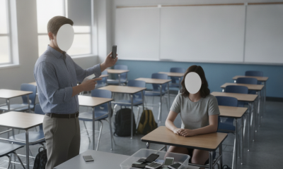 A teacher confiscating cellphones from a student in a classroom under the Indiana School Cellphone Ban.