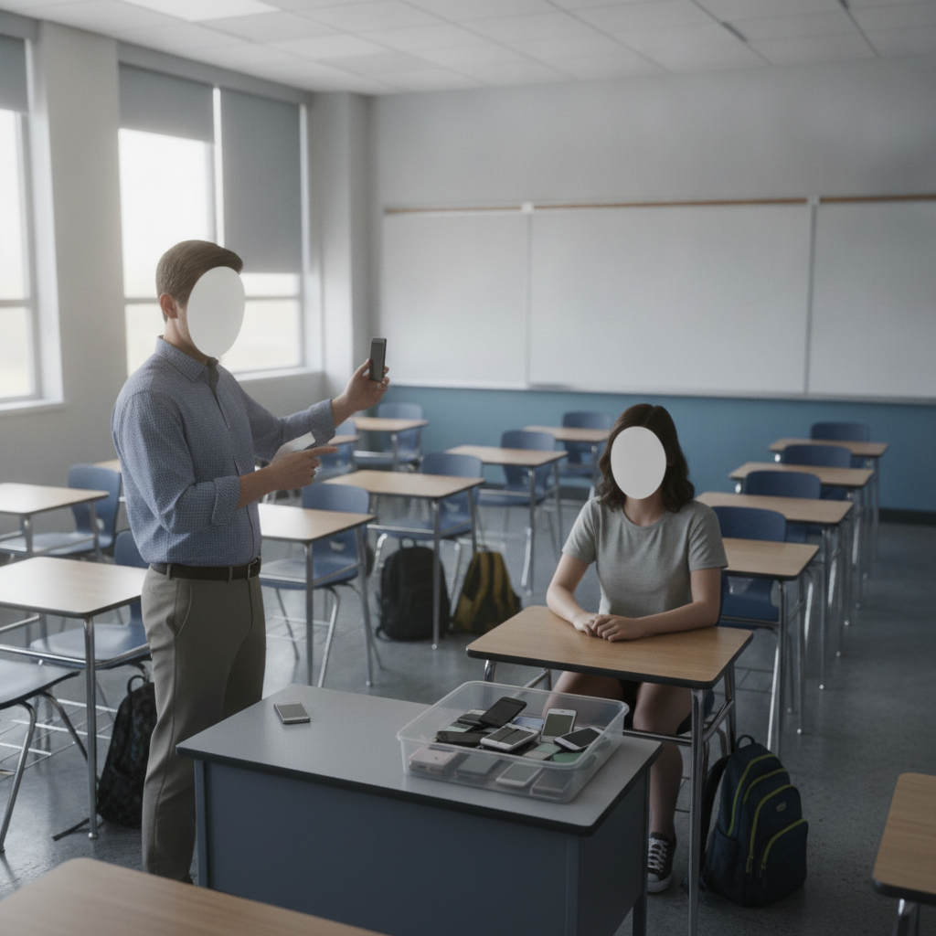 A teacher confiscating cellphones from a student in a classroom under the Indiana School Cellphone Ban.
