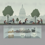 Illustration depicting workers installing solar panels in front of the C — Civilian Climate Corps for Jobs and Justice Act