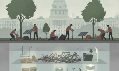 Illustration depicting workers installing solar panels in front of the C — Civilian Climate Corps for Jobs and Justice Act