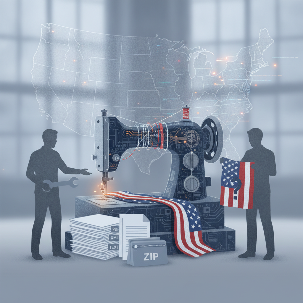 Two figures working with a sewing machine and documents, symbolizing the FABRIC Act garment industry bill's impact on dome…