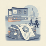 Illustration depicting documents and digital files related to the HR 10167 Common Cents Act with the U.S. Capitol in the b…