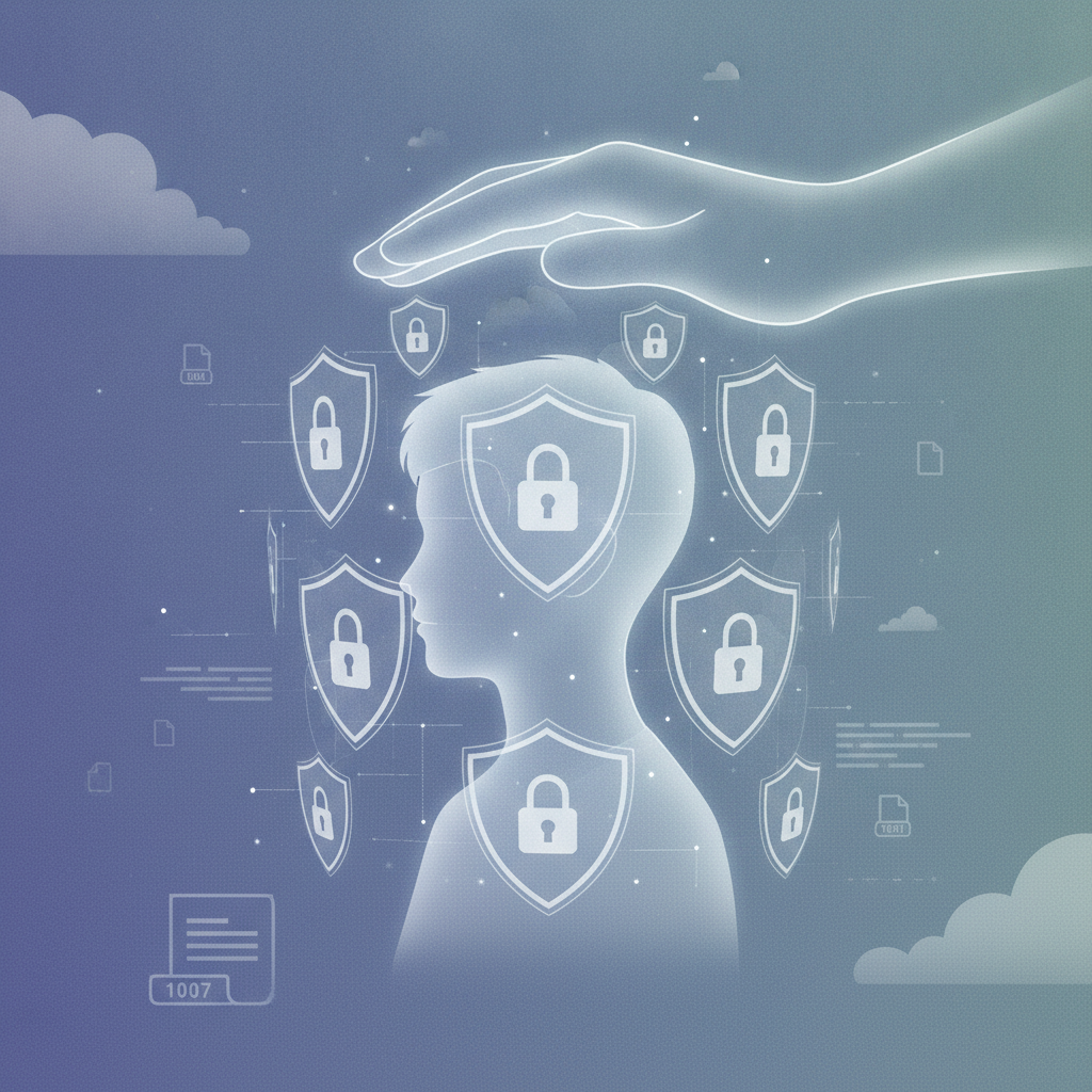 Illustration of a child's silhouette surrounded by digital security shields, symbolizing online privacy and pro — HR 10207