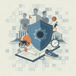 Illustration depicting a shield symbolizing protection in university sports, featuring athletic gear and academ — HR 10351