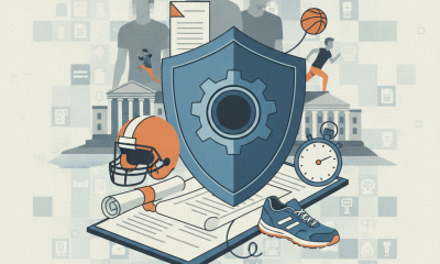 Illustration depicting a shield symbolizing protection in university sports, featuring athletic gear and academ — HR 10351