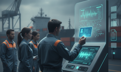 A group of maritime workers using a digital kiosk for HR 5109 TWIC cards at a port, with cargo ships in the background.