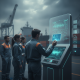 A group of maritime workers using a digital kiosk for HR 5109 TWIC cards at a port, with cargo ships in the background.