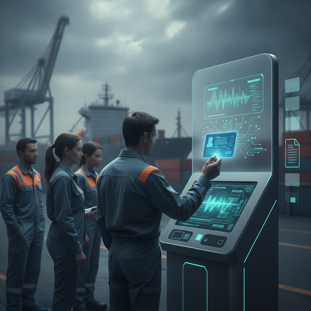 A group of maritime workers using a digital kiosk for HR 5109 TWIC cards at a port, with cargo ships in the background.