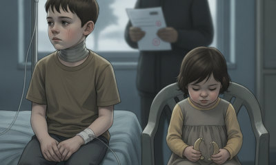 Two children in a hospital setting; one boy with a neck bandage and IV, and a gi — immigration enforcement children health