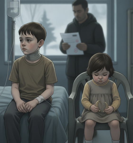 Two children in a hospital setting; one boy with a neck bandage and IV, and a gi — immigration enforcement children health