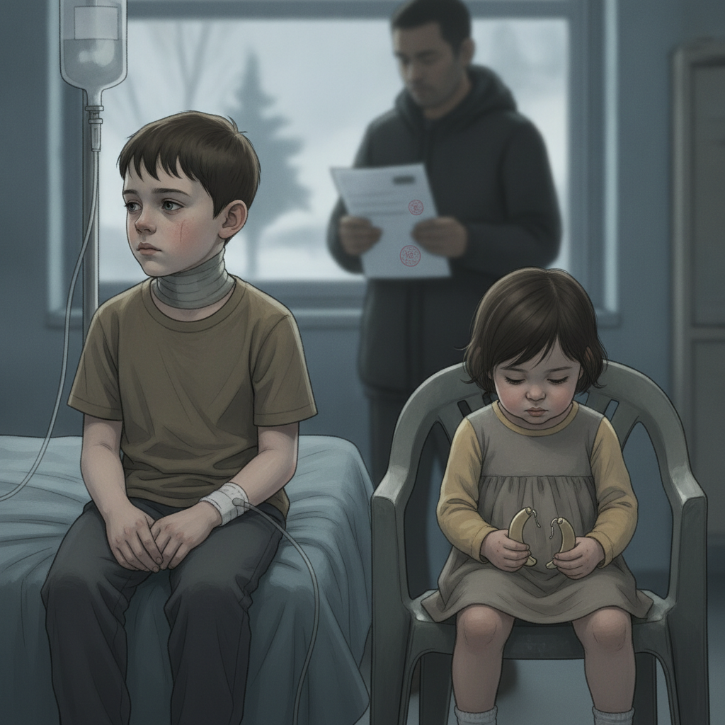 Two children in a hospital setting; one boy with a neck bandage and IV, and a gi — immigration enforcement children health
