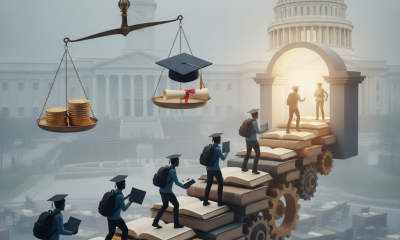 Illustration depicting students walking on books and gears towards a graduation — Improving Access to Higher Education Act