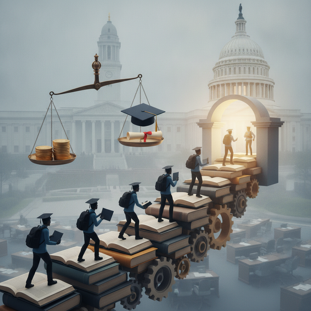Illustration depicting students walking on books and gears towards a graduation — Improving Access to Higher Education Act