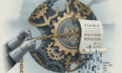 Illustration depicting a globe with gears and a scroll labeled 'H. Con. Res. 115 War — H Con Res 115 War Powers Resolution