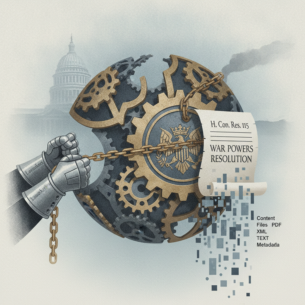 Illustration depicting a globe with gears and a scroll labeled 'H. Con. Res. 115 War — H Con Res 115 War Powers Resolution