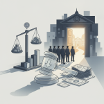 A gavel and financial charts in the foreground, with lawmakers lined up at an open doo — Sell Your Stocks or Step Down Act
