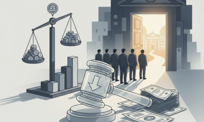 A gavel and financial charts in the foreground, with lawmakers lined up at an open doo — Sell Your Stocks or Step Down Act