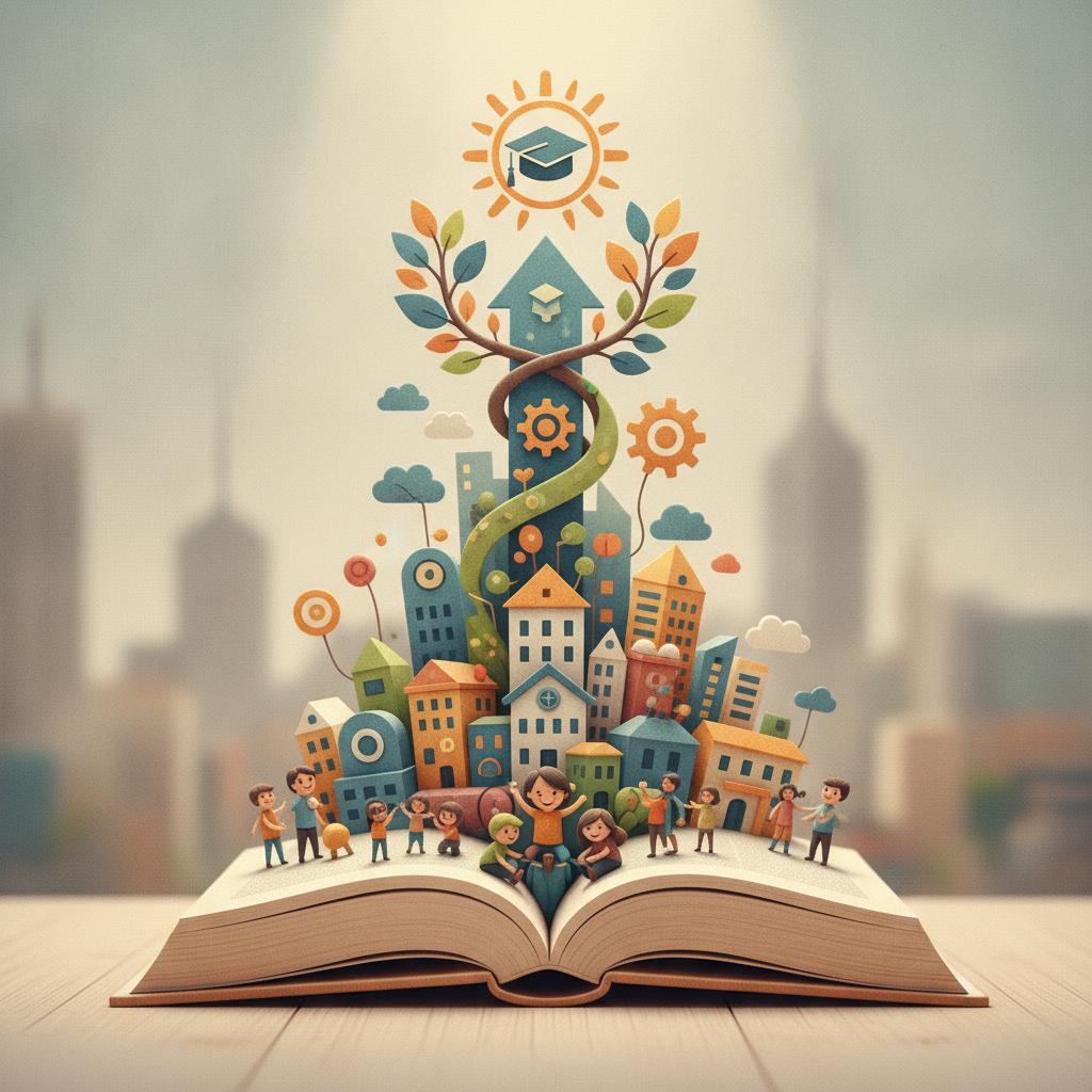 A colorful illustration of a large open book with a cityscape and child — Head Start Expansion and Improvement Act of 2026