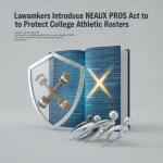 A shield and gavel symbolizing legal protection, alongside figures representing student-athletes, with a — NEAUX PROS Act