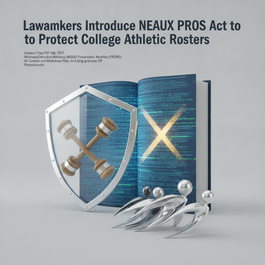 A shield and gavel symbolizing legal protection, alongside figures representing student-athletes, with a — NEAUX PROS Act