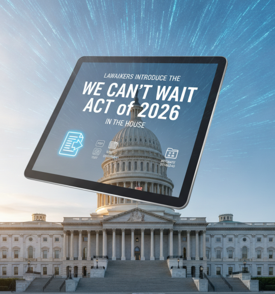 A tablet displaying the text 'We Can't Wait Act of 2026' in front of the U.S. Capitol building, — We Cant Wait Act of 2026