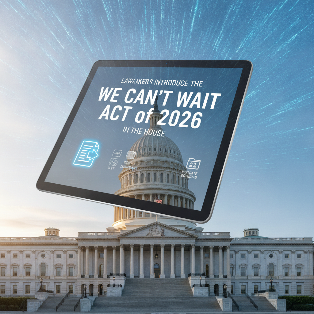A tablet displaying the text 'We Can't Wait Act of 2026' in front of the U.S. Capitol building, — We Cant Wait Act of 2026