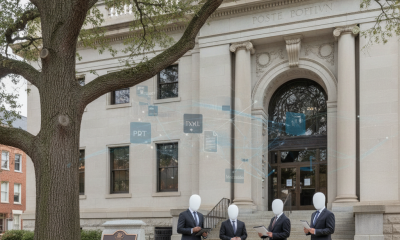 Four individuals in suits stand in front of a historic post office building — Detective Allan Reddins Post Office Oak Park