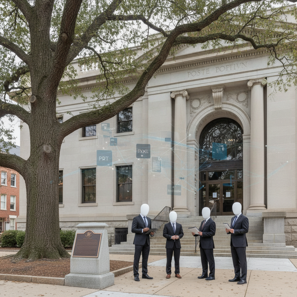 Four individuals in suits stand in front of a historic post office building — Detective Allan Reddins Post Office Oak Park