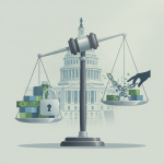 A gavel and scales of justice symbolize the SNAP Fraud Accountability Act, with money and a lock on one side and a hand br…