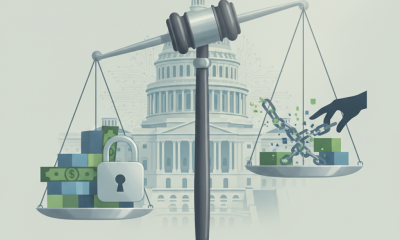 A gavel and scales of justice symbolize the SNAP Fraud Accountability Act, with money and a lock on one side and a hand br…