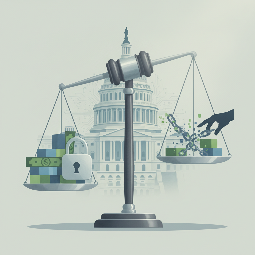 A gavel and scales of justice symbolize the SNAP Fraud Accountability Act, with money and a lock on one side and a hand br…