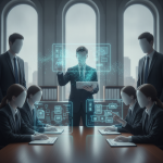 A group of business professionals in suits discussing digital data and transparen — Disaster Loan Outreach Consistency Act