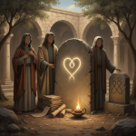 Two hooded figures beside a stone with a heart symbol, surrounded by scrolls and a flame in a sere — Matthew 22:37 Meaning
