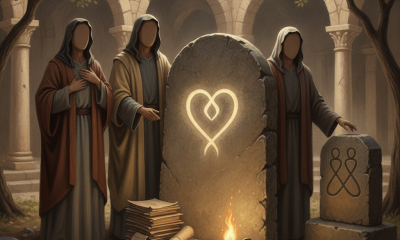 Two hooded figures beside a stone with a heart symbol, surrounded by scrolls and a flame in a sere — Matthew 22:37 Meaning