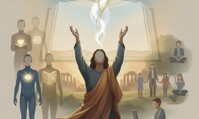 A serene illustration depicting a figure with outstretched arms, symbolizing devotion, surrounded — Matthew 22:37 Meaning