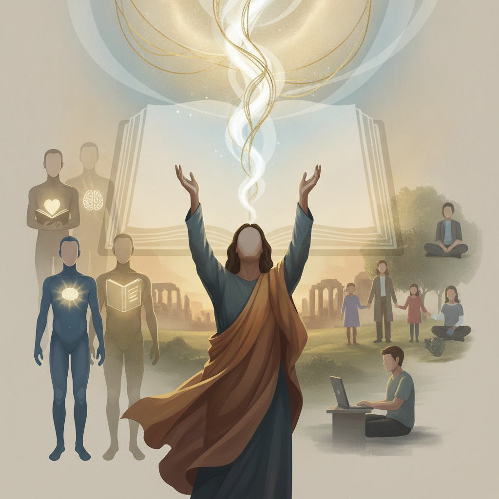 A serene illustration depicting a figure with outstretched arms, symbolizing devotion, surrounded — Matthew 22:37 Meaning