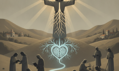 Artistic depiction of Jesus with outstretched arms, surrounded by people engaged in spiritual acti — Matthew 22:37 Meaning