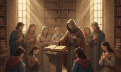 A serene scene in a library with a figure reading from a book, surrounded by attentive listeners i — Matthew 22 37 meaning