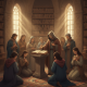 A serene scene in a library with a figure reading from a book, surrounded by attentive listeners i — Matthew 22 37 meaning
