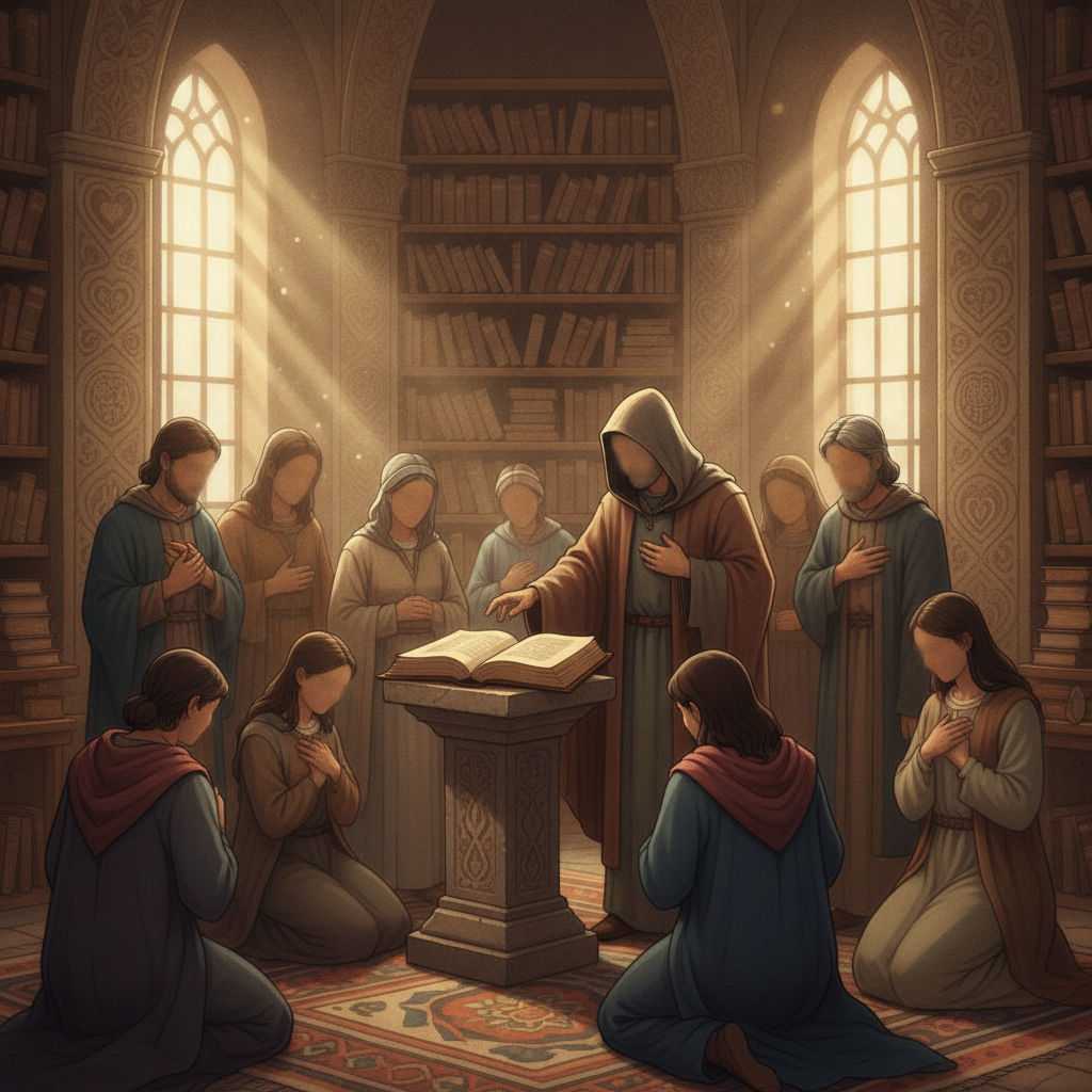 A serene scene in a library with a figure reading from a book, surrounded by attentive listeners i — Matthew 22 37 meaning