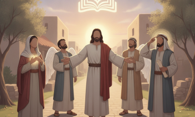 Illustration depicting Jesus surrounded by five figures, conveying a message of love and devotion — Matthew 22:37 Meaning