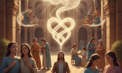 An artistic representation of Jesus teaching about love and devotion, with figures in a courtyard — Matthew 22:37 Meaning