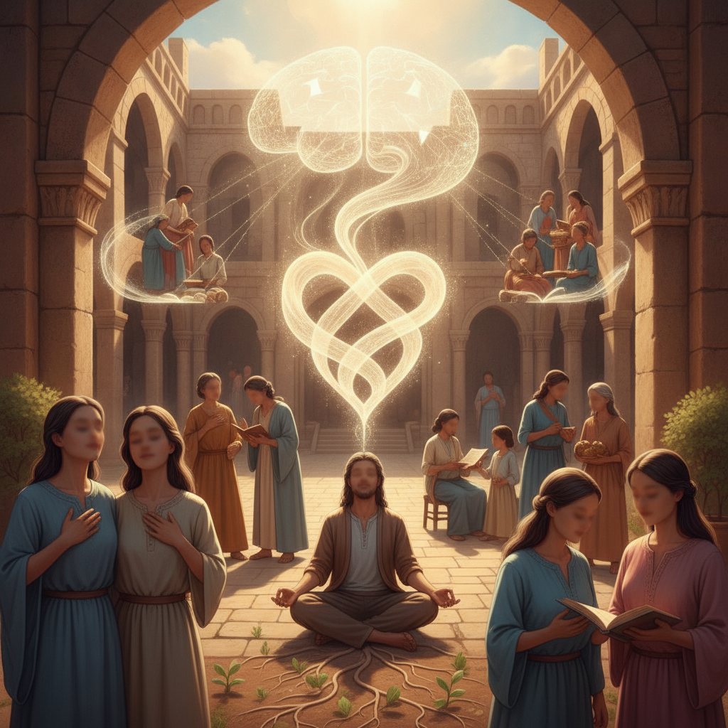 An artistic representation of Jesus teaching about love and devotion, with figures in a courtyard — Matthew 22:37 Meaning