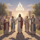 Illustration depicting Jesus surrounded by five figures, conveying a message of love and devotion — Matthew 22:37 Meaning