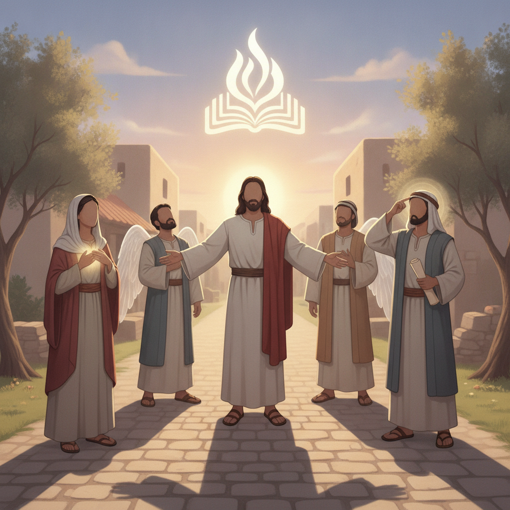 Illustration depicting Jesus surrounded by five figures, conveying a message of love and devotion — Matthew 22:37 Meaning