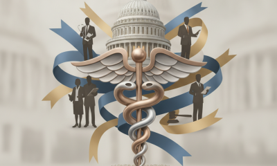 Symbolic illustration representing National Clinical Nurse Specialist Week with a caduceus, Capitol building, and diverse…