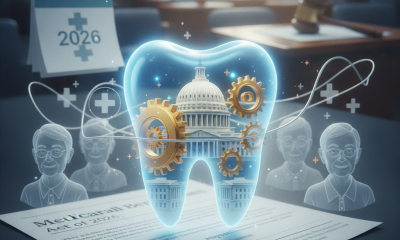 A glowing tooth with the U.S. Capitol and gears, symbolizing the Medicare Dental Benefit Act of 2026, in a courtroom setting.