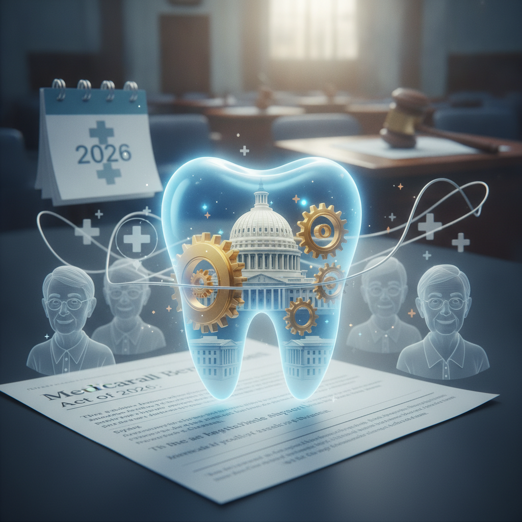 A glowing tooth with the U.S. Capitol and gears, symbolizing the Medicare Dental Benefit Act of 2026, in a courtroom setting.
